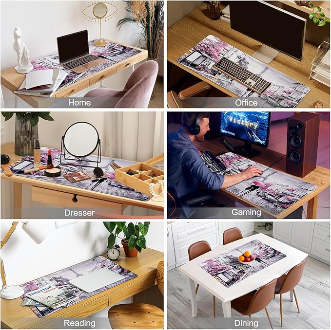 Lokigo Desk Mat for Keyboard and Mouse, Large Mouse Pad, Paris Eiffel Tower Desk Pad Mat, Romantic Gray Pink Large Desk Mat for Girls Women, Pink, 35.4"x15.7"