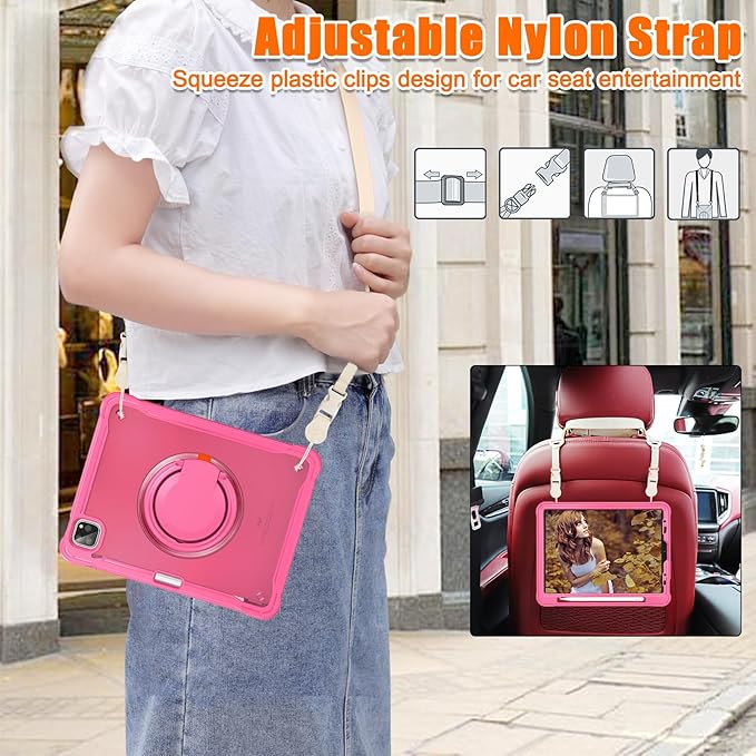 Batianda Ultimate Protective Case for iPad Pro 11-inch 2022 4th M2 Chip /2021 (3rd Generation) Rugged Shockproof Tablet Cover with 360° Rotatable Kickstand & Shoulder Strap & Pencil Holder, Pink