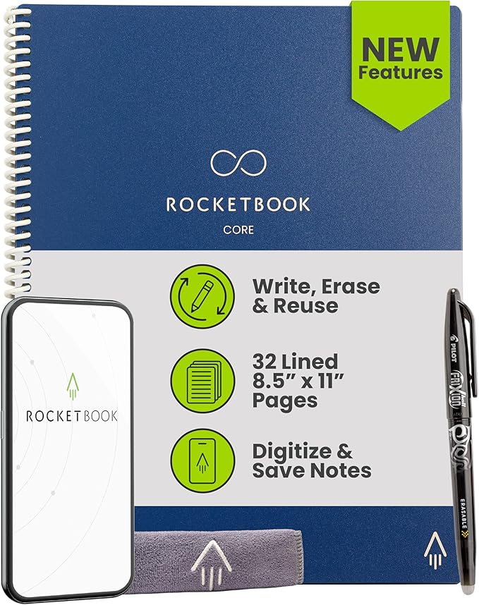 Rocketbook Core Reusable Smart Notebook, Lined Pages For School, Work and Creative Projects, Letter Size 8.5x11, Blue - Premium