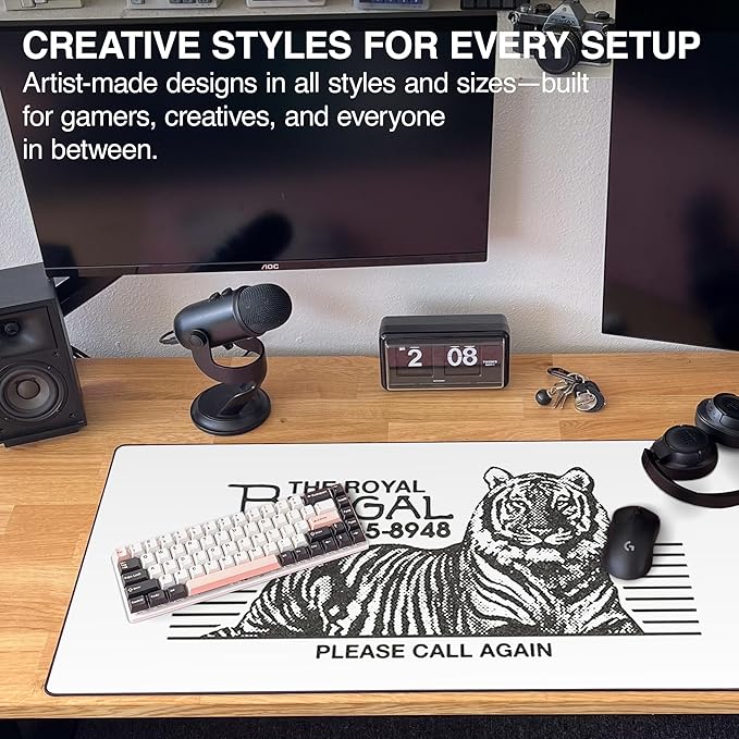 MPCO. Original Large Gaming Desk Mat – 36" x 17" Duraglyde OZGMX Royal Bengal White Full Desk Mouse Pad for Smooth Precision – Non-Slip, Washable Extra-Large PC Mouse Pad for Gaming Sessions