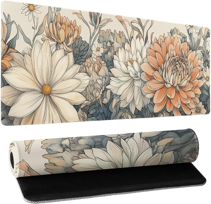Japanese Minimalist Floral Desk Mat Watercolor Flowers XL Large Extended Gaming Mouse Pad 31.5x11.8 Inch Floral Laptop Computer Keyboard Mouse Mat Non-Silp with Stitched Edges for Home Office Work