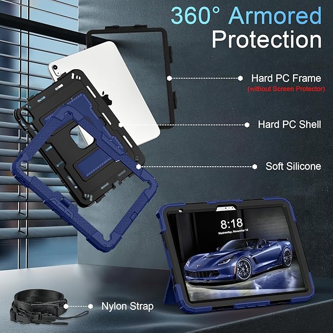 for iPad (A16) 11th 11 Inch/10th Generation 10.9 Inch 2025/2022 iPad Case 10th Generation with Shoulder Strap/Pencil Holder,Shockproof Cover for i Pad 11th/10th,Navy Black