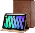 ProCase for iPad mini 7th (A17 Pro) 2024/iPad Mini 6th Generation 2021 8.3 Inch Case; Premium PU Leather Folio Business Stand Cover with Hand Strap; Pencil Holder; Front Pocket -Brown