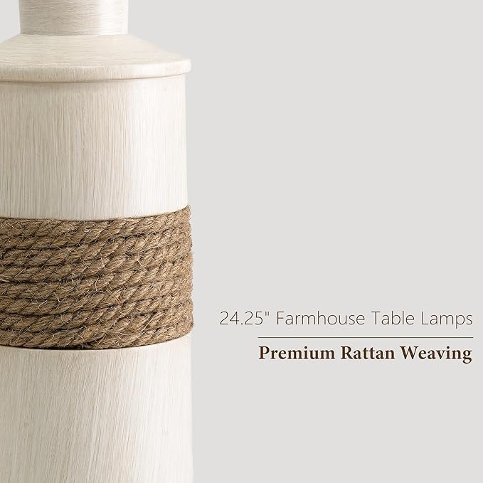 BOBOMOMO 24.5" Farmhouse Boho Table Lamps Set of 2, Hand-Woven Rattan Bedside Lamps with 3-Way Dimmable Touch Control & USB A+C Ports, Nightstand Lamp for Bedroom, Living Room, Corner (Bulbs Included)