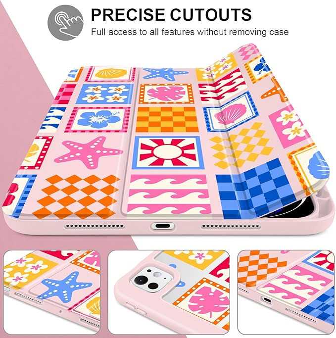 Case for iPad Pro 11 Inch (M5 2025 M4 2024) – [Built-in Pencil Holder], Shockproof & Stylish, Clear Hard Back + Soft TPU Edge, Magnetic Trifold Stand, Auto Wake/Sleep, Beach Fun