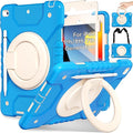 Andnary Case for iPad 9th/8th/7th Generation 10.2 inch, Shockproof Cover with Screen Protector/360° Rotating Handle/Bracket/Pen Holder/Shoulder Strap, Kids Case for iPad 2021/2020/2019 (Blue+White)