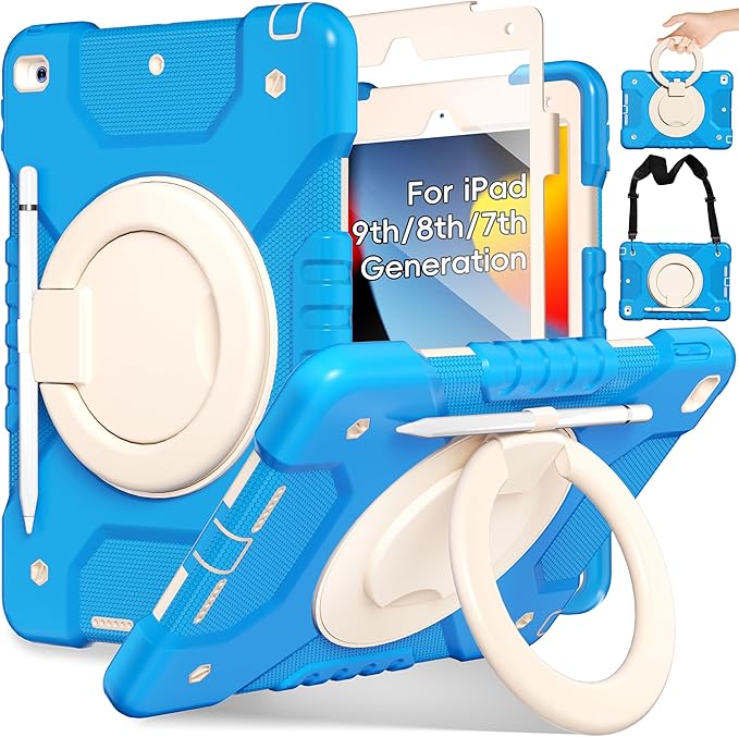 Andnary Case for iPad 9th/8th/7th Generation 10.2 inch, Shockproof Cover with Screen Protector/360° Rotating Handle/Bracket/Pen Holder/Shoulder Strap, Kids Case for iPad 2021/2020/2019 (Blue+White)