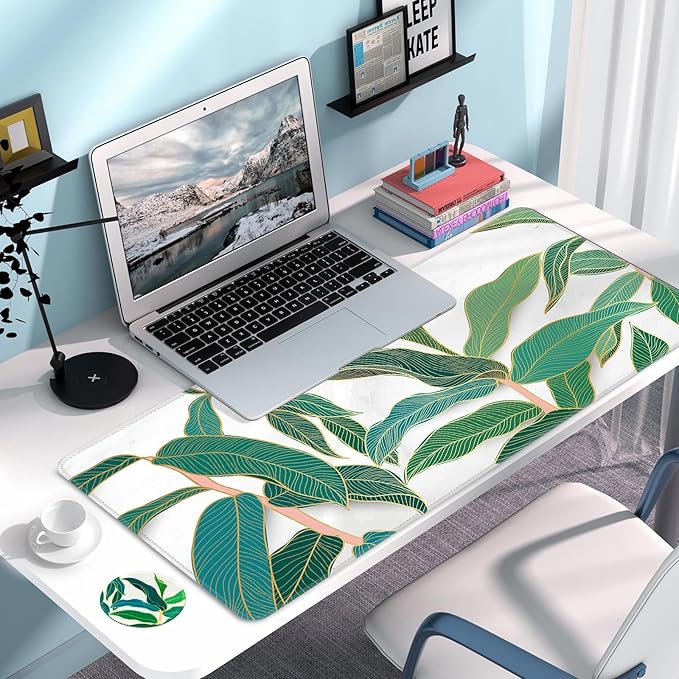 Large Gaming Mouse Pad with Coaster, Desk Matt for Desktop, Desk Pad, Mouse Pads Mat, Stitched Edges Big Extended Mousepad for Computer Keyboard Laptop Office Decor, 31.5'' x15.6''-Leaves 4