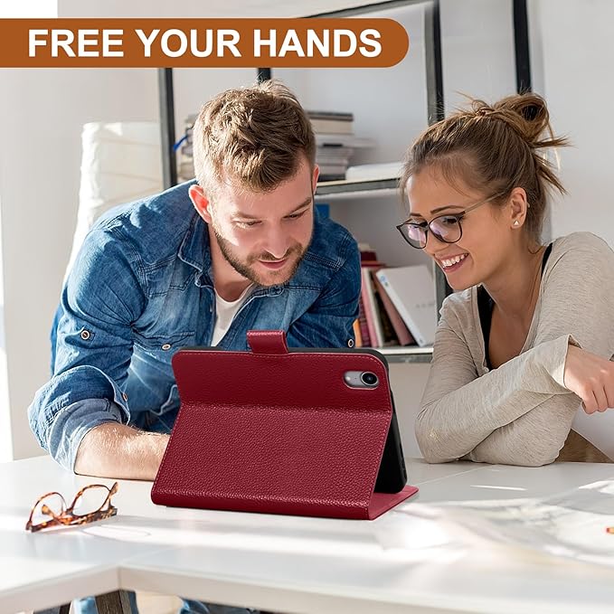 Genuine Leather Case for iPad mini 7th/6th Gen 8.3 Inch 2024/2021 | with Pencil Holder and Adjustable Stand, Magnetic Closure, Auto Wake/Sleep Cover | Wine Red
