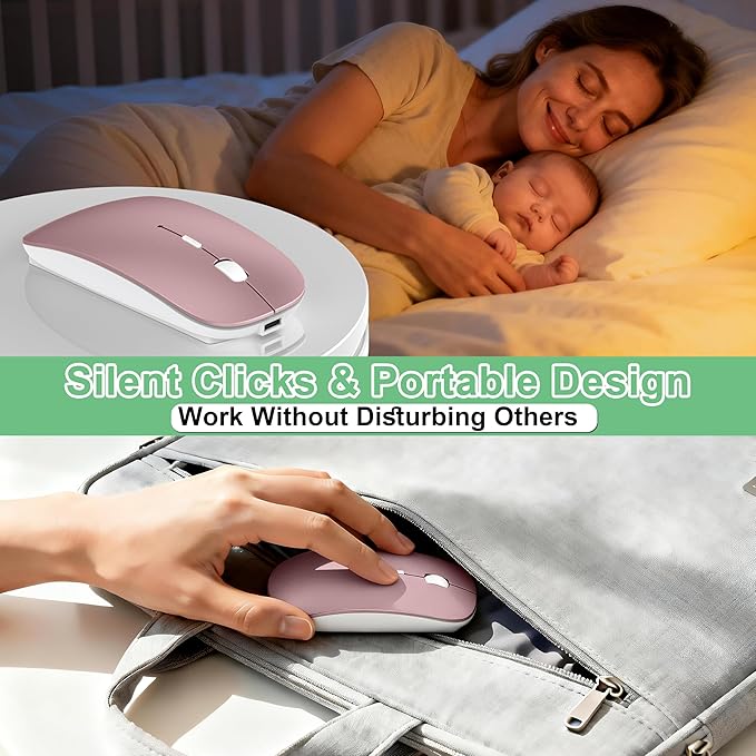 Wireless Mouse for MacBook Pro/Air, Bluetooth Rechargeable Mouse with USB-C, Slim Mouse Jiggler for iPad/iMac/Laptop/PC, 2.4G Dual Mode, Silent Click, Compatible Mac OS/Windows, Rose Gold