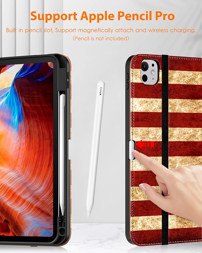 DTTO for iPad Pro 11 inch Case (M5/M4) 2025/2024, Premium Leather Business Folio Stand Cover with Pencil Holder - Auto Wake/Sleep and Multiple Viewing Angles, US Flag