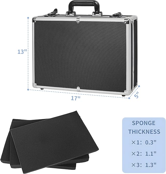17 Inch Hard Shell Carrying Case Ideal for Wireless Mic System Storage & Camera Gear Transportation, Customizable Pre-Diced Foam, Aluminum Alloy Sturdy Build, Black