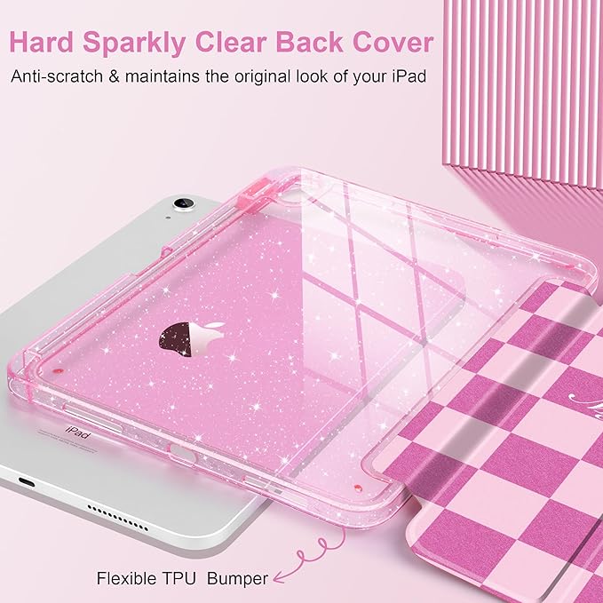 DONGKE for iPad Pro 11 inch Case – Fits M5 2025 / M4 2024, Shockproof Sparkling Glitter Acrylic Back, Pencil Holder, Trifold Stand, Auto Sleep/Wake & Touch ID Support - Pink Checkerboard