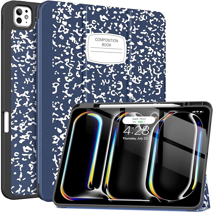 Soke Case for New iPad Pro 13 Inch (M5/M4, 2025/2024 Release), with Pencil Holder Trifold Stand Shockproof [Support Apple Pencil Charging + Auto Wake/Sleep], Soft TPU Back Cover, Book Navy