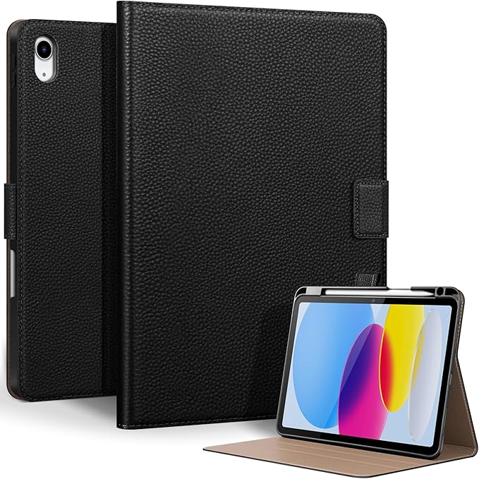 Genuine Leather Case for iPad 11th Gen 11" (2025/A16) & 10th Gen 10.9" (2022) | with Pencil Holder and Adjustable Stand, Magnetic Closure, Auto Wake/Sleep Cover | Black