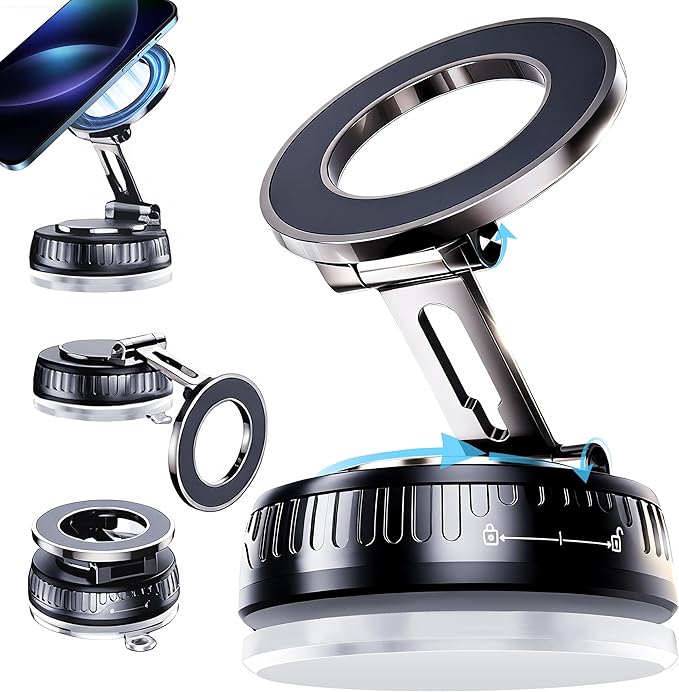 2026 Upgraded Magnetic Car Phone Mount for MagSafe: 360° Rotatable Adjustable Holder with 180+LBS Strong Suction Cup & 3800gf Magnet, Compatible with iPhone 17/16/15 Series & Android Devices