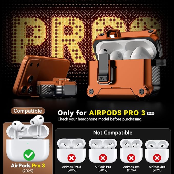 Inesore Compatible with AirPods Pro 3 Generation Case,Secure Lock & Phone Stand Design,Compatible with MagSafe,Automatic Snap Switch Secure Cover for New AirPods Pro 3rd (2025)-Orange