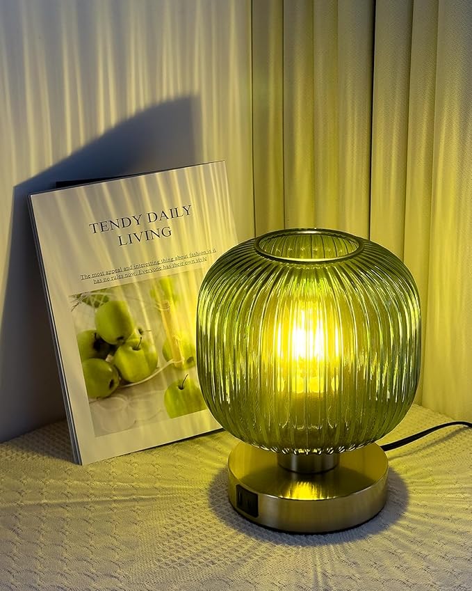 Elenhome Big Touch Table Lamp,Elegant Green Glass Bedside Lamp 3 Way Dimmable with USB C+A Charging Ports - Bedroom Nightstand & Living Room Essential, 4W Bulb Included (Green)