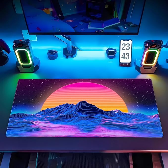 Retro Neon Fantasy Mouse Pad Desk Mat XXL Large 31.5x15.7in Gaming Keyboard & Mouse Pad Nostalgic Digital Art Office Desk Decor