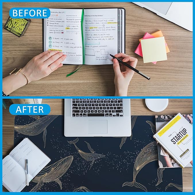 Whales in Gold Line Desk Mat,Large Gaming Mouse Pad,Non-Slip Rubber Base Desk Pad with Stitched Edges for Desk Office Home Decor 35.4X15.7 Inch
