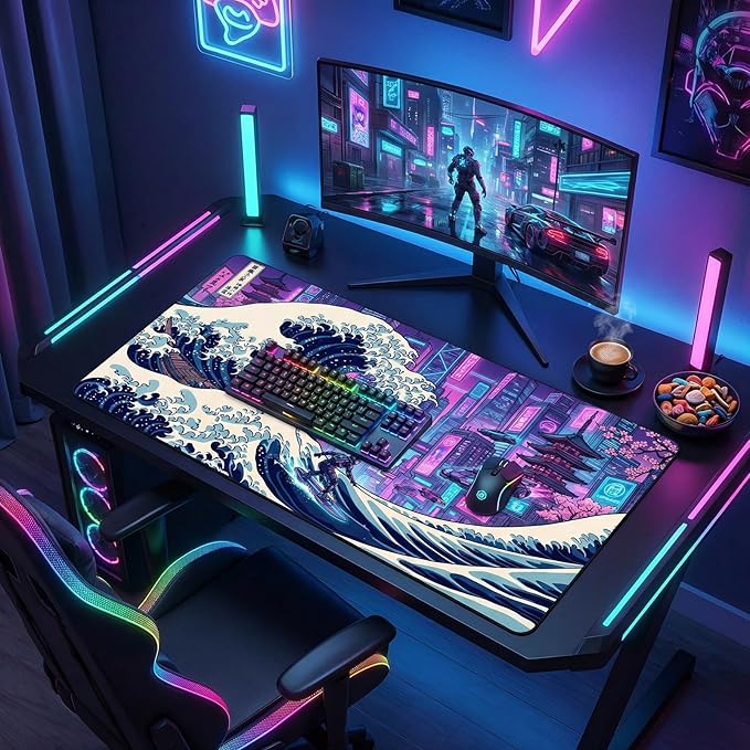 AQQA Cyberpunk Great Wave Gaming Mouse Pad - Japanese Aesthetic Large Desk Mat - XXL Extended Mousepad for Gamers, Neon Retro Wave City Art, Water-Resistant Non-Slip Rubber Base, 31.5"x15.7"