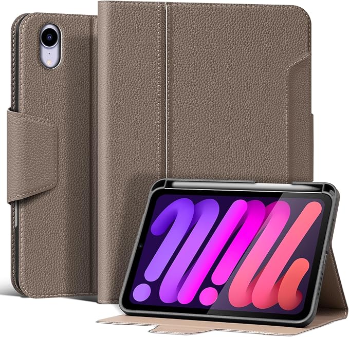 for iPad mini 7 (A17 Pro) 2024 iPad mini 6th Generation 2021 with Pencil Holder,Smart Leather Cover with Buckle, Protective, Auto Wake/Sleep, Adjustable Stand, Multiple View Angles,Gray Brown