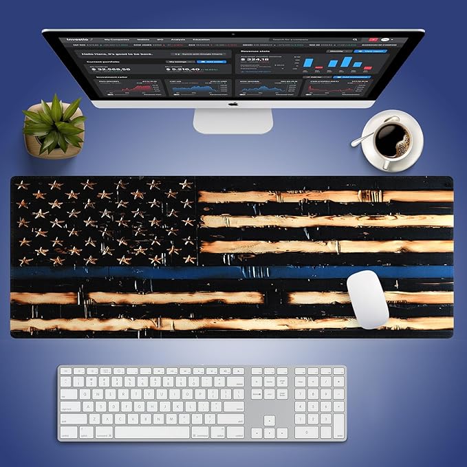 Extra Large Gaming & Office Mouse Pad (31.5" x 11.8") – Rustic Wood American Flag Retro US Thin Blue Line Design, Anti-Slip XXL Desk Mat with Durable Stitched Edges & Smooth Cloth Surface
