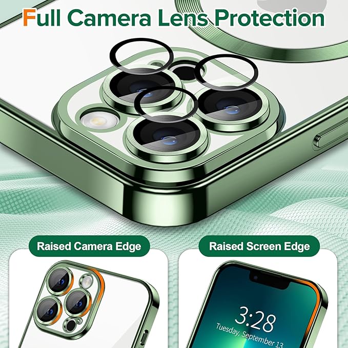 Hython Magnetic Clear for iPhone 13 Pro Case with Camera Lens Protector [Compatible with MagSafe] Luxury Plating Edge Slim Soft TPU Cover Protective Phone Case for iPhone 13 Pro 6.1", Deep Green