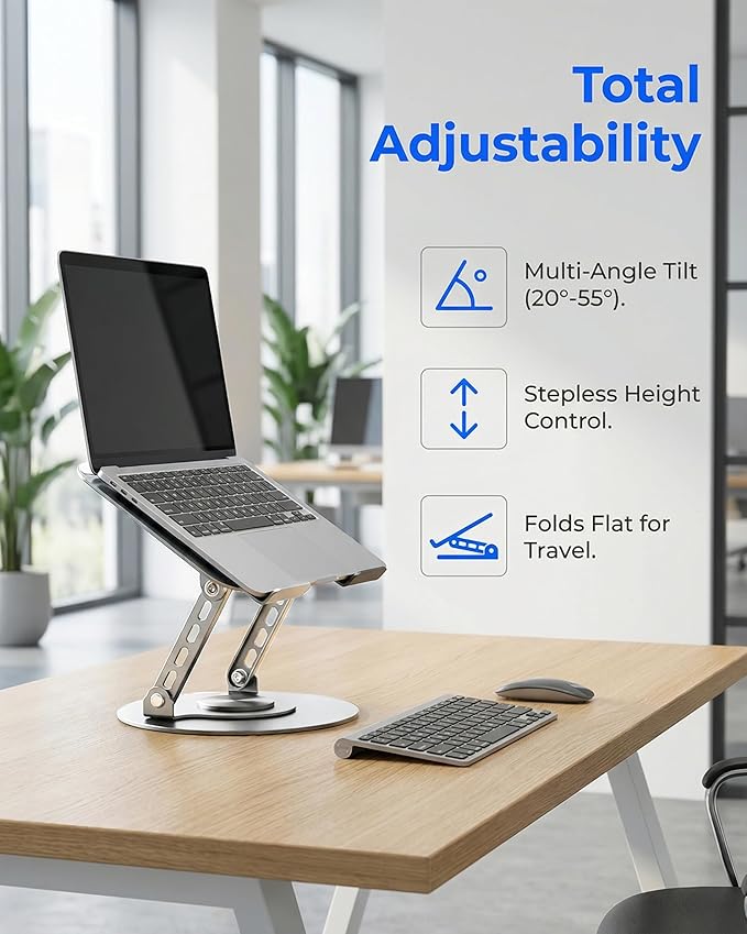 Compatible 360° Rotating Adjustable Laptop Stand, Fully Foldable Dual Rotary Shaft Laptop Riser Portable Standing Desk, Fits MacBook & All 10-15 Inch Laptops - Grey