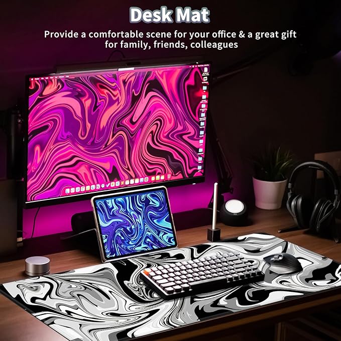 Gaming Mouse Pad, Grey Black White Big Desk Pad for Keyboard and Mouse, Extended 35.5" X 15.75" in Computer Keyboard Mouse Mat 3mm Thick XXL Rubber Mousepad for Laptop Gamer, Swirl Marble
