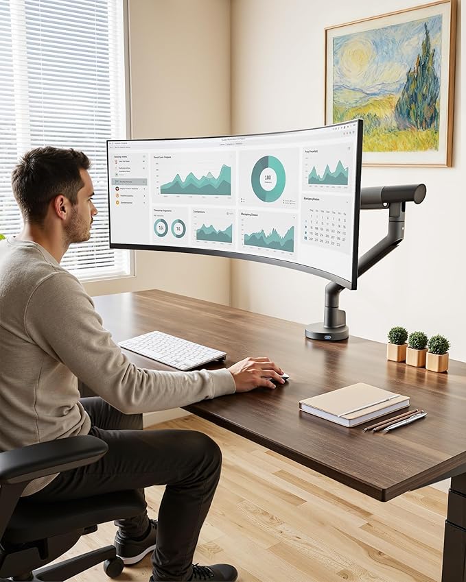 monTEK Single Monitor Arm with USB for 17-40 Inch Screens, Up to 26.4 lbs, Heavy Duty Monitor Mount with VESA Mount, Full Motion Adjustment Monitor Stand C-Clamp/Grommet Base,VESA 75/100mm, Gray