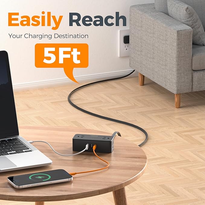 TESSAN Flat Plug Extension Cord 5 FT, Surge Protector Power Strip with 4 AC Outlets 1 USB C and 2 USB A Ports, 900 Joules Protection, Multiple Wall Outlet Extender Suitable for Office Dorm, Black