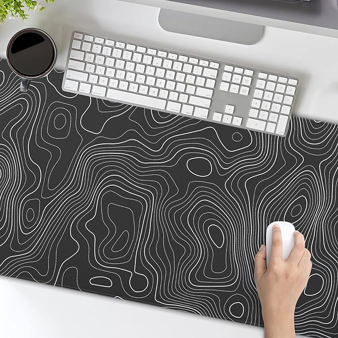 Topographic Map Large Mouse Pad XL Black Lines Contour Geographic Extended Large Desk Mat Big Desk Pad 80X30 CM Non-Slip Rubber Base Stitched Edge Long Mousepad,31.5×11.8 Inch