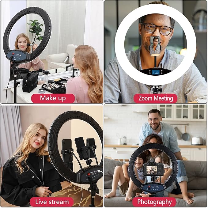 19 inch LED Ring Light LCD Display Touch Screen with Tripod Stand Dimmable Makeup Selfie Ring Light for Studio Portrait YouTube Vlog Video Shooting with Carrying Bag and Remote Controller, CRI>90