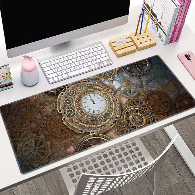 Gaming Mouse Pad, XL Extended Computer Keyboard Long Mouse Mat, Large Desk Pad for Office Laptop, Non-Slip Rubber Base with Stitched Edge Mousepad, 31.5X11.8 inch Rusty Steampunk with Clock