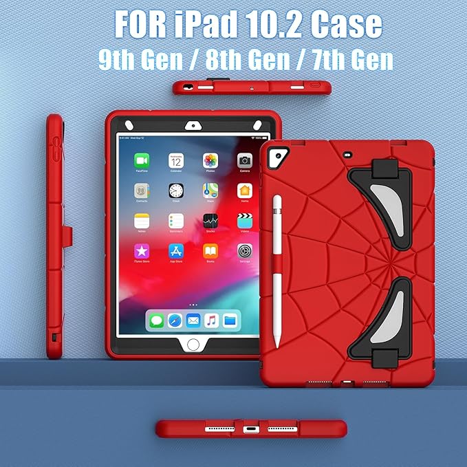 AKABEILA Compatible with Apple iPad 10.2 7th 8th 9th(2019/2020/2021) Tablet Case，Lightweight Shockproof Rugged Protective Cover with Kickstand for Kids Children Boys Babies Red Black