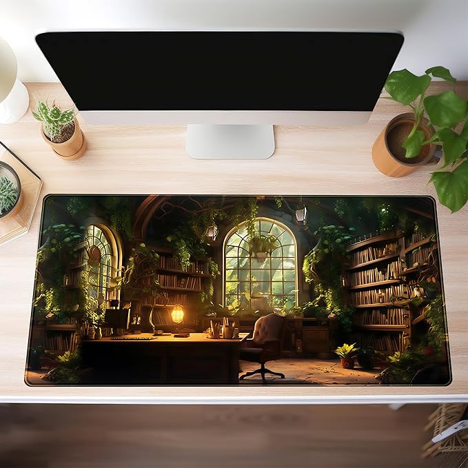 Large Desk Mouse Pad Enchanted Library Desk Mat, Extended Gaming Mouse Mat, Office Home Keyboard Pad, Magical Forest Computer Mats XXL, Full Desktop Mat Aesthetic PC Accessories 31.5" x 15.75"
