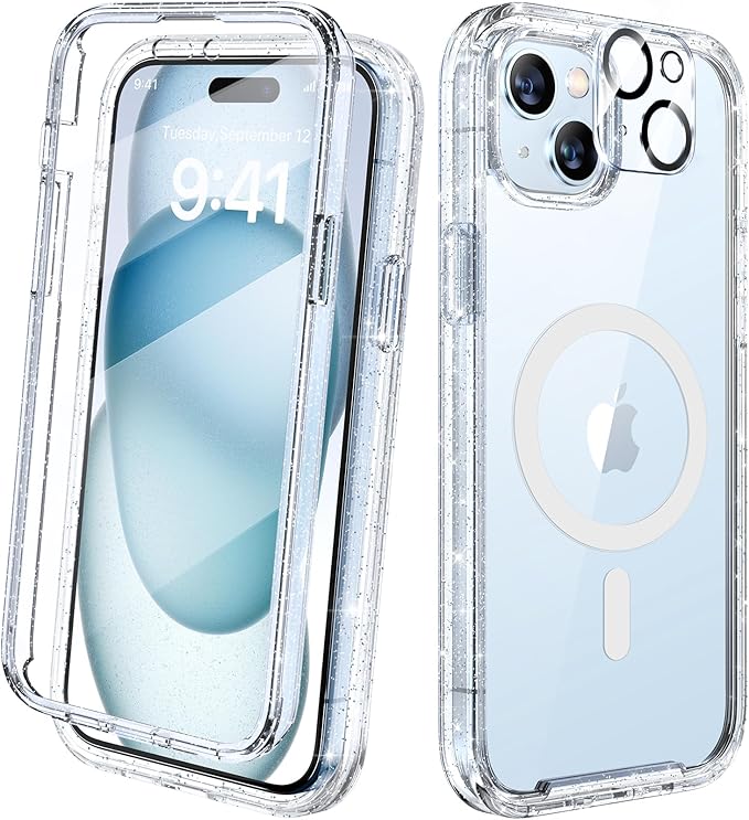 Diaclara Designed for iPhone 15 Plus Case 6.7'', [Compatible with MagSafe] Full Body Rugged Magnetic Case w/Built-in Sensitive Anti-Scratch Screen Protector+Glass Camera Lens Protector,Clear Glitter