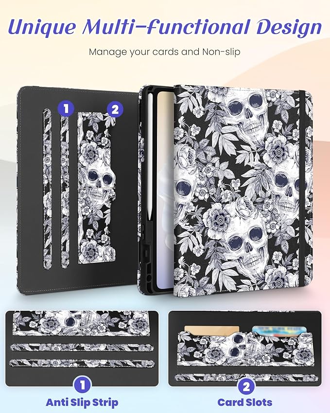 Kidcube for Samsung Galaxy Tab A9 Plus Case 11 Inch - for Women Girls Cute Rotating Stand Folio Cover with Pencil Holder & Card Slot Flowers Goth Skull Unique Design for Samsung A9 Plus Tablet Cases