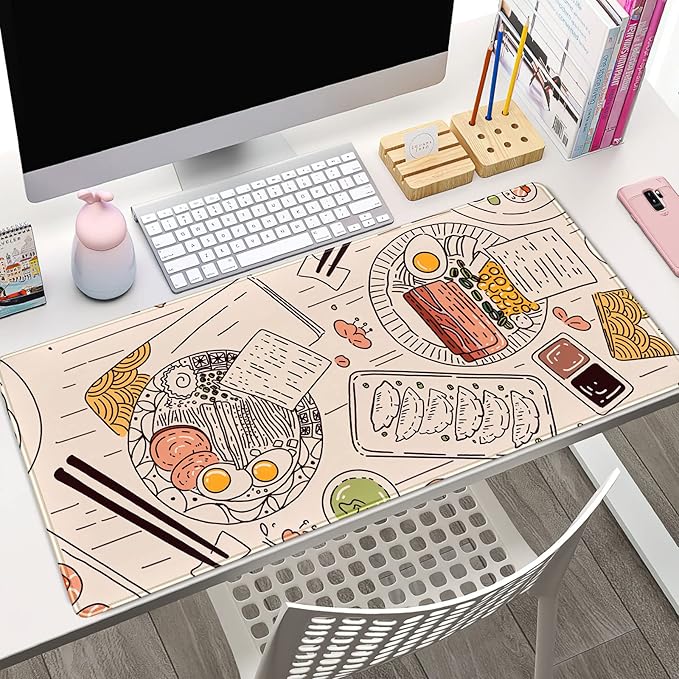 Japanese Ramen Sushi Food Desk Mat Beige XL Mouse Pad Large Full Desk Mousepad Gaming Extended Keyboard Mouse Mat Desk Pad for Computer Laptop 31.5''X15.7'' Non-Slip Rubber Base with Stitched Edges