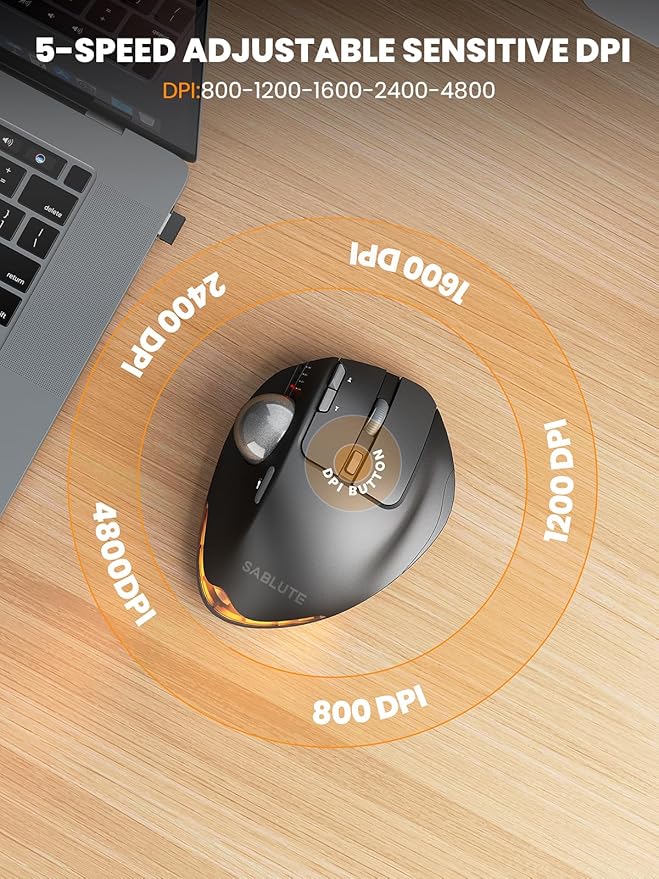 SABLUTE MAM1 Pro Wireless Trackball Mouse, Hard Travel Case (Include) Ergonomic Bluetooth Rechargeable Computer Mice with 5 Level DPI, Adjustable Angle, 3 Devices Connection for PC, Mac, Windows