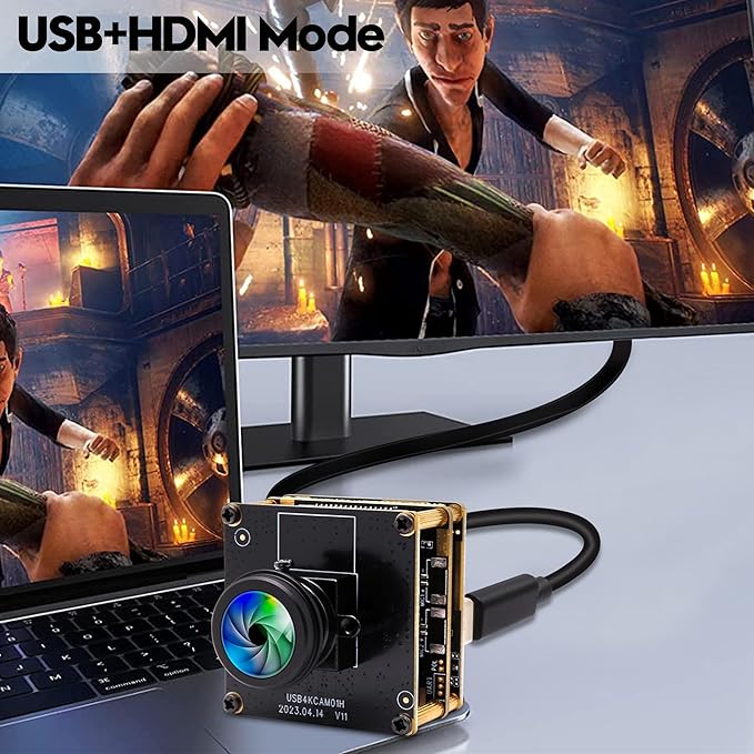 HDMI 4K Webcam - USB HDMI Simultaneous Output Streaming Camera - 2X Digital Zoom, 180 Degree Fisheye Lens - PC Camera for Raspberry Pi, Jetson Nano, Laptop, Online Teaching