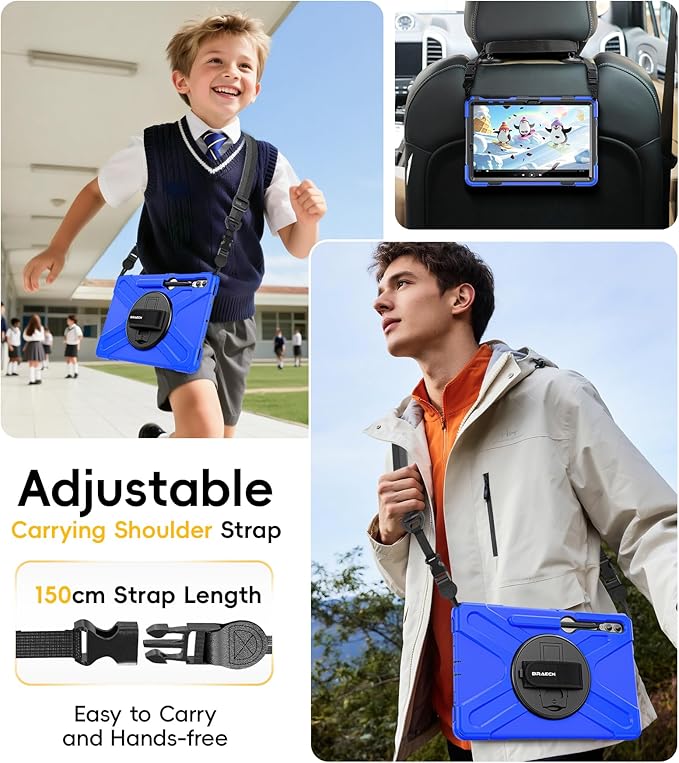BRAECN for Samsung Galaxy Tab S10 Plus Case 2024/S9 Plus/S9 FE+/S8 Plus/S7 Plus /S7 FE 12.4 Inch,Heavy Duty Shockproof Case with S Pen Holder&360 Rotating Hand Strap/Kickstand Shoulder Strap,Blue