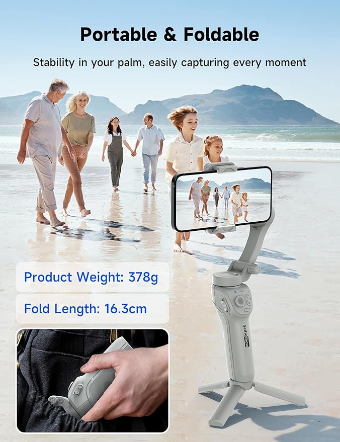 Gimbal Stabilizer for Smartphones, 3-Axis Phone Gimbal, Intelligent Gimbals with Face/Object Tracking, Portable and Foldable, Vlogging Stabilizer for Android and iPhone 15 14 13 12, YouTube TikTok