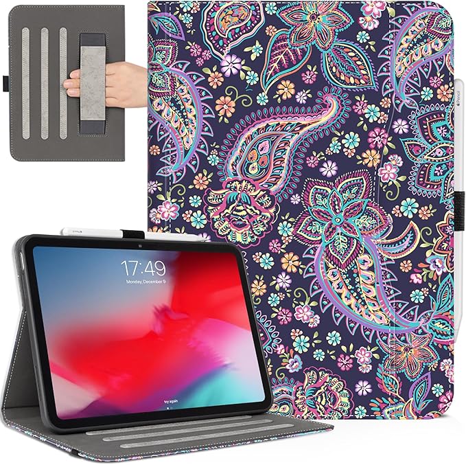 Case for iPad Air 13-inch ((M4/M3/M2)2026/2025/2024, iPad Pro 12.9 inch Case 6th/5th/4th/3rd Gen Pencil Holder, Multi-Angle Adjustable Stand Shockproof Pocket/Hand Strap/Auto Wake Sleep Paisley Floral