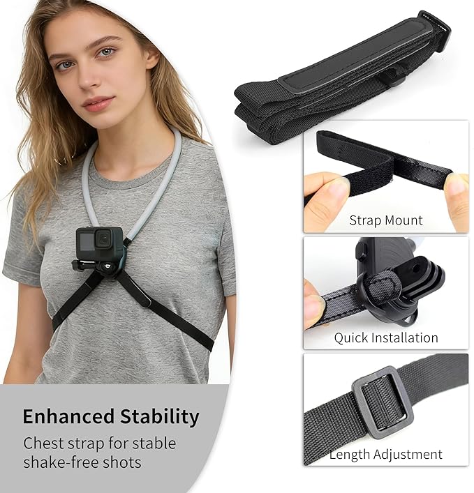 SOONSUN Flexible POV Neck Mount with Chest Strap, Hands-Free Bendable Camera Mount for GoPro Hero 13/12/11/10/9/8/7/6/5/4/MAX, DJI Osmo Action 6/5/4, Insta360, Cycling & Travel Vlog Shooting