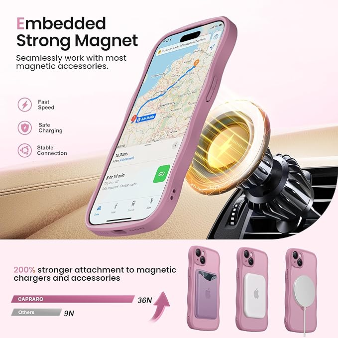 CAPRARO for iPhone 15 Plus Case with 360° Spin Magnetic Stand for Women, [Compatible with MagSafe] [Full Camera Protection] Cute Wave Translucent Matte Case for iPhone 15 Plus, Black Currant