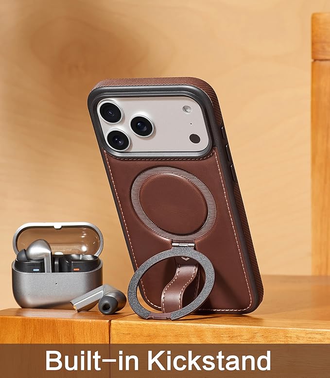 Butaiga for iPhone 17 Pro Max Leather Case with Stand, Anti-Slip Grip Ring, Fits for MagSafe (Cocoa, iPhone 17 Pro Max)