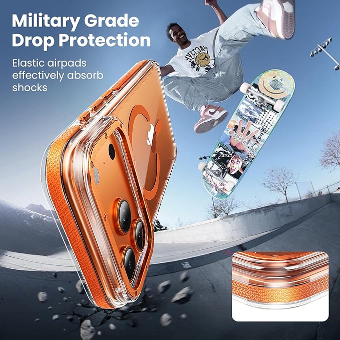 Anti-Yellowing for iPhone 17 Pro Max Case，1X Screen Protector +1X Camera Lens, [Compatible with MagSafe] [12FT Military Grade Drop] Slim Thin Phone Cover 6.9 Inch,Clear Orange