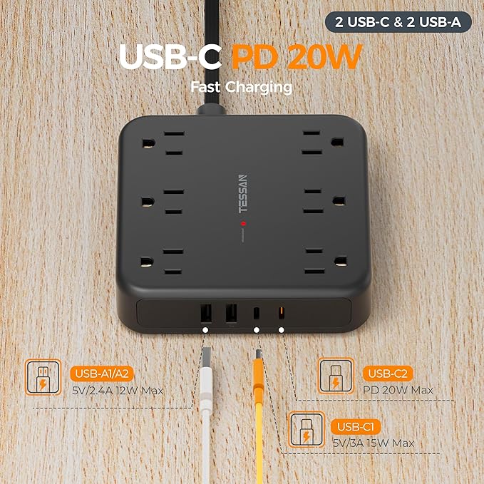 TESSAN 10Ft Black Extension Cord with Multiple Outlets, Surge Protector Power Strip with 6 Outlets and 4 USB Ports (2 USB C), 2100 Joules Protection, Flat Plug, Outlet Extender for Home, Office, Dorm
